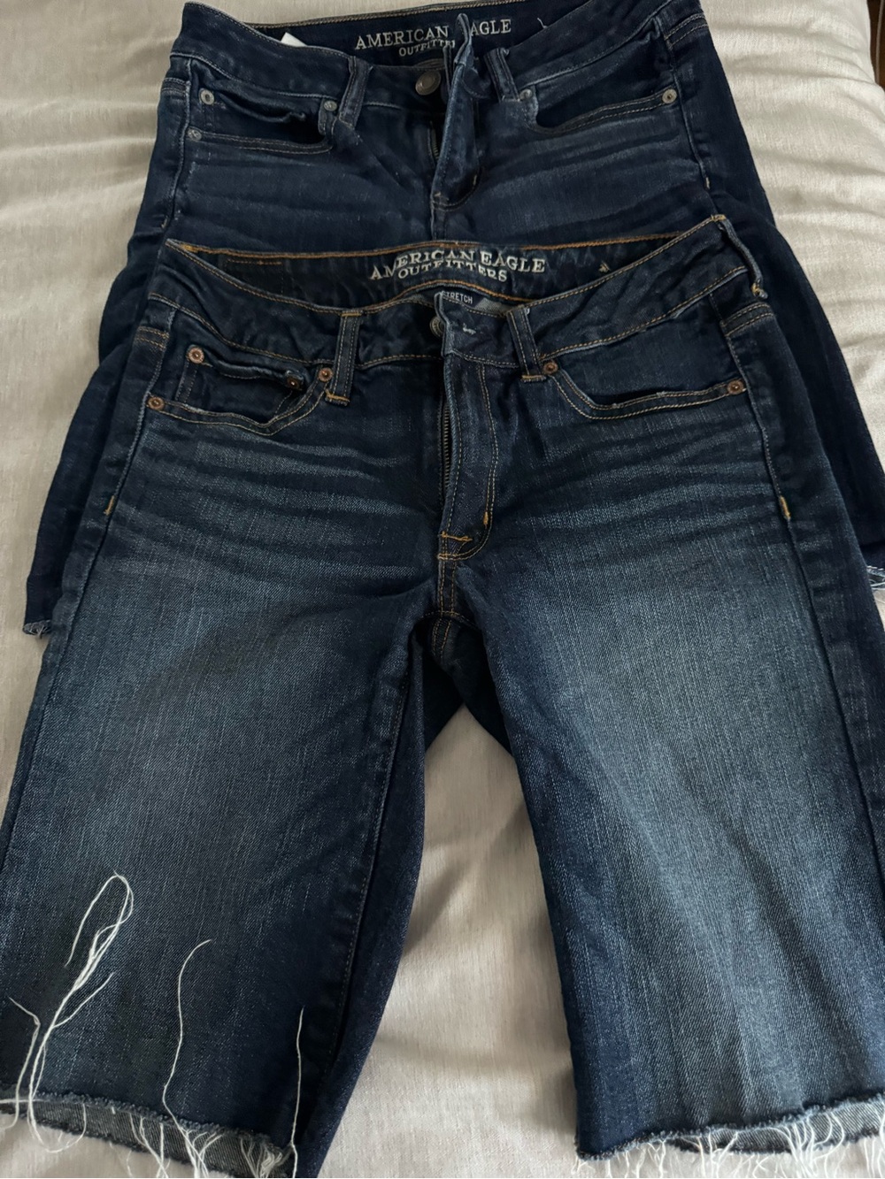 American Eagle Outfitters Women's Dark Blue Cutoff Denim Shorts-Bermuda shorts